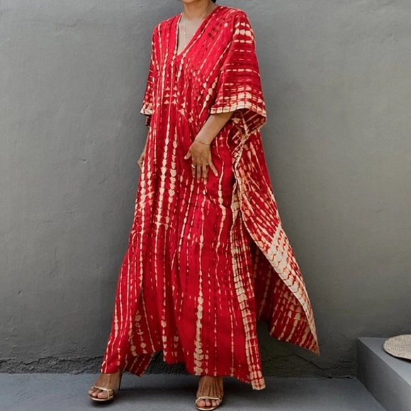 New Red Bohemian Tie Dye Kaftan Kimono Dress - Picture 5 of 5